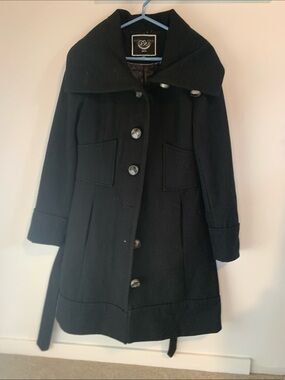 RW&CO. Black Wool-Blend Trench Coat with Wide Collar